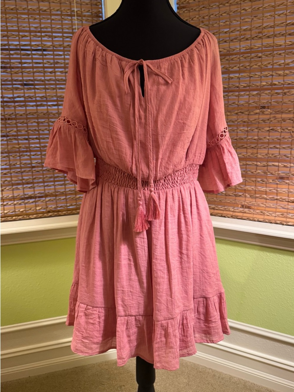 Baltic Born Rose Pink Boho Tie-Neck Smocked Waist Mini Dress